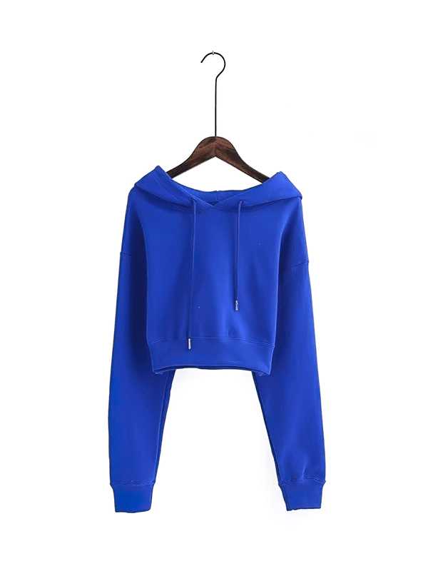 Stylish blue women's cropped sports hoodie with long sleeves and cuffed sweatshirt design, ideal for yoga and fitness.